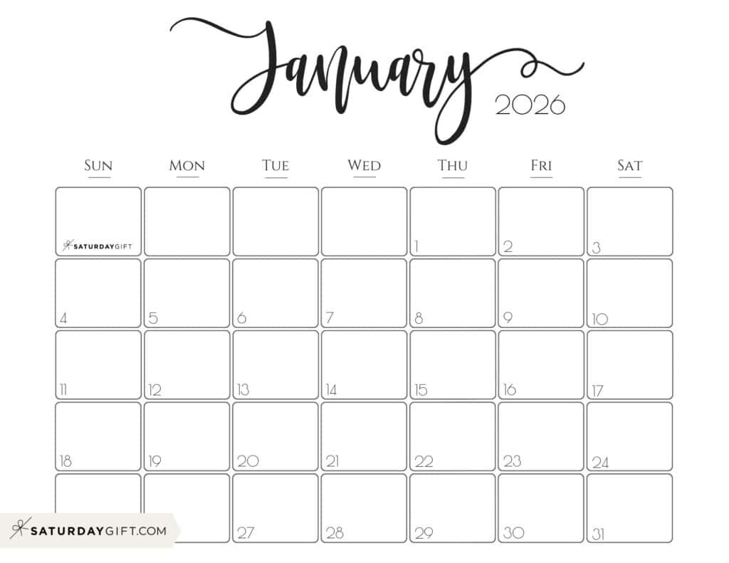 January 2026 Calendars - 23 Cute Free Printable Pdfssaturdaygift in Free Printable January 2026 Calendar