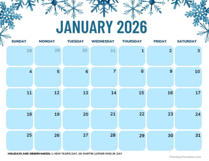 January 2026 Calendar Printable with Holidays