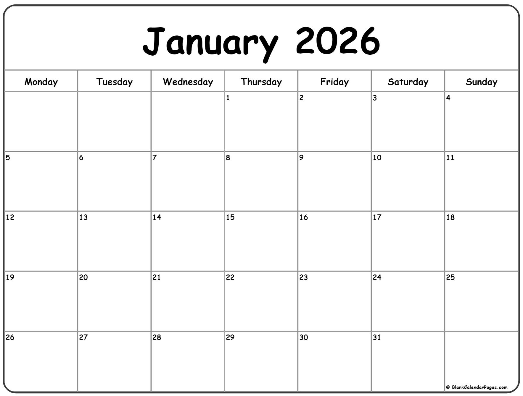 January 2026 Monday Calendar | Monday To Sunday with regard to 2026 Calendar Printable Monday Start
