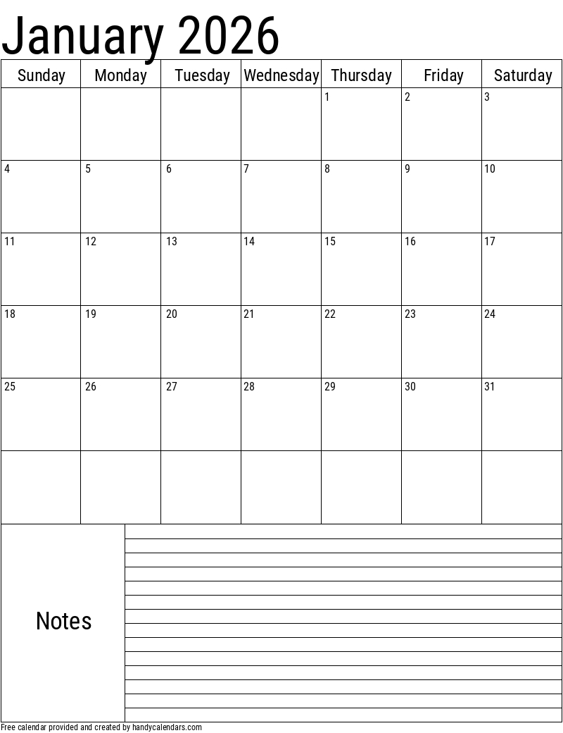 January 2026 Vertical Calendar With Notes - Handy Calendars pertaining to 2026 Calendar Printable Notes