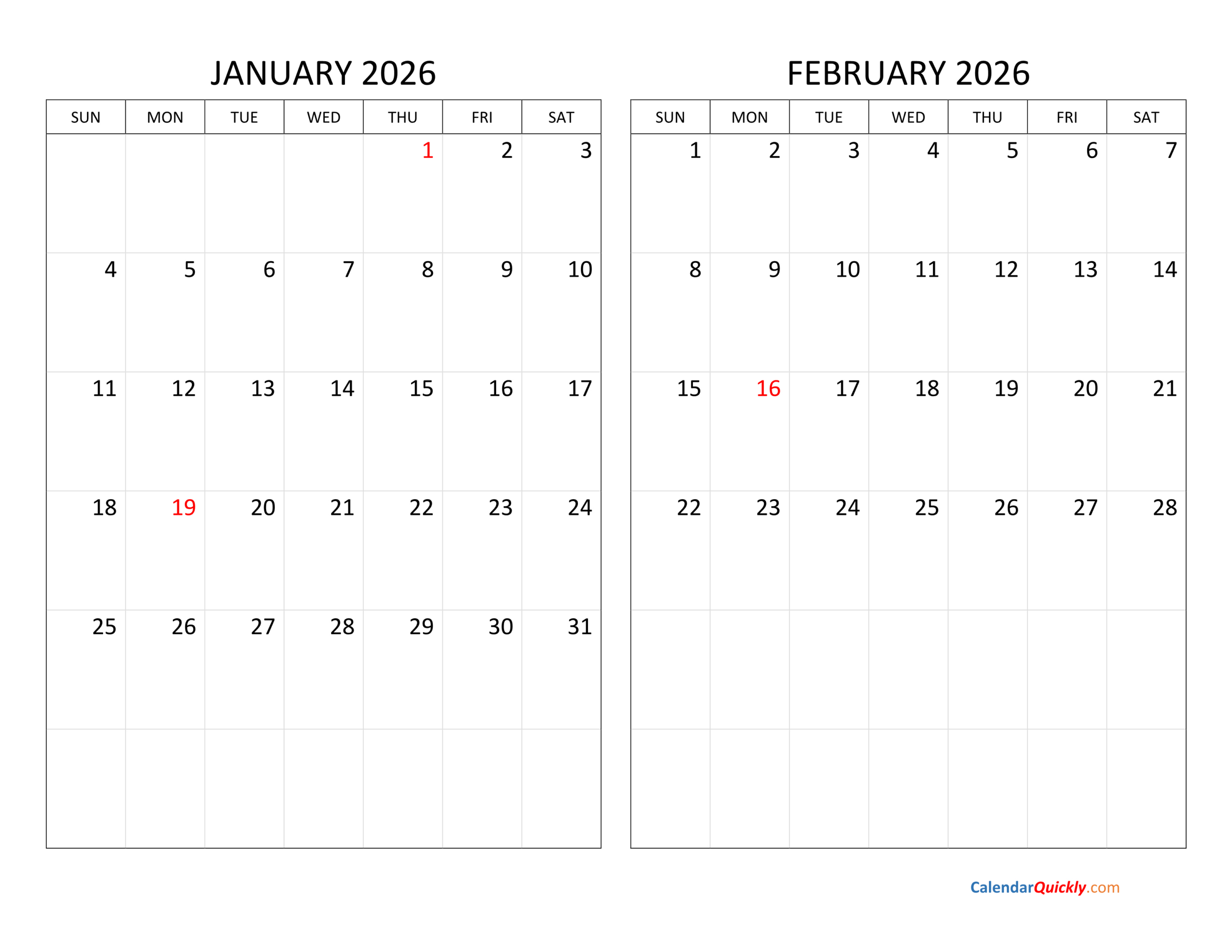 January And February 2026 Calendar | Calendar Quickly inside January 2026 February Calendar Printable