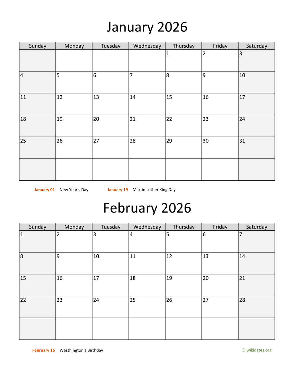January And February 2026 Calendar | Wikidates regarding January February March 2026 Printable Calendar