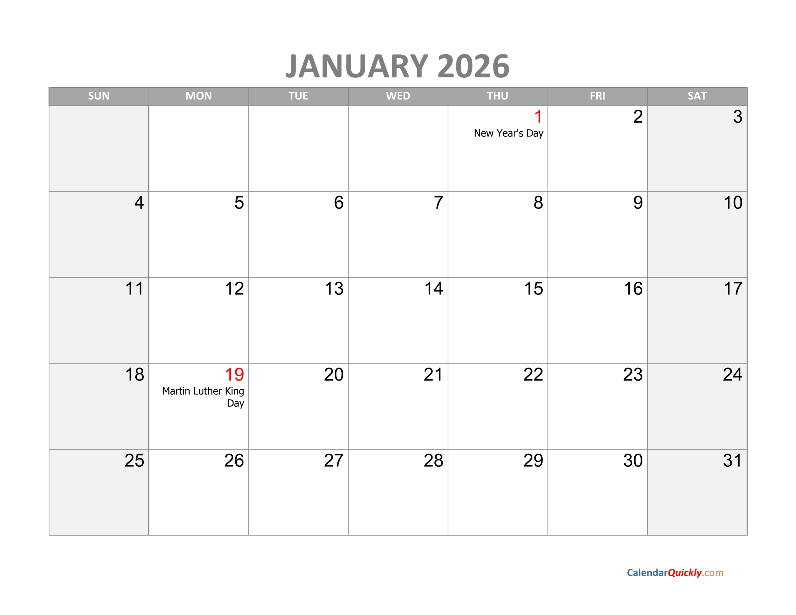 January Calendar 2026 With Holidays | Calendar Quickly for Calendar For January 2026 with Holidays