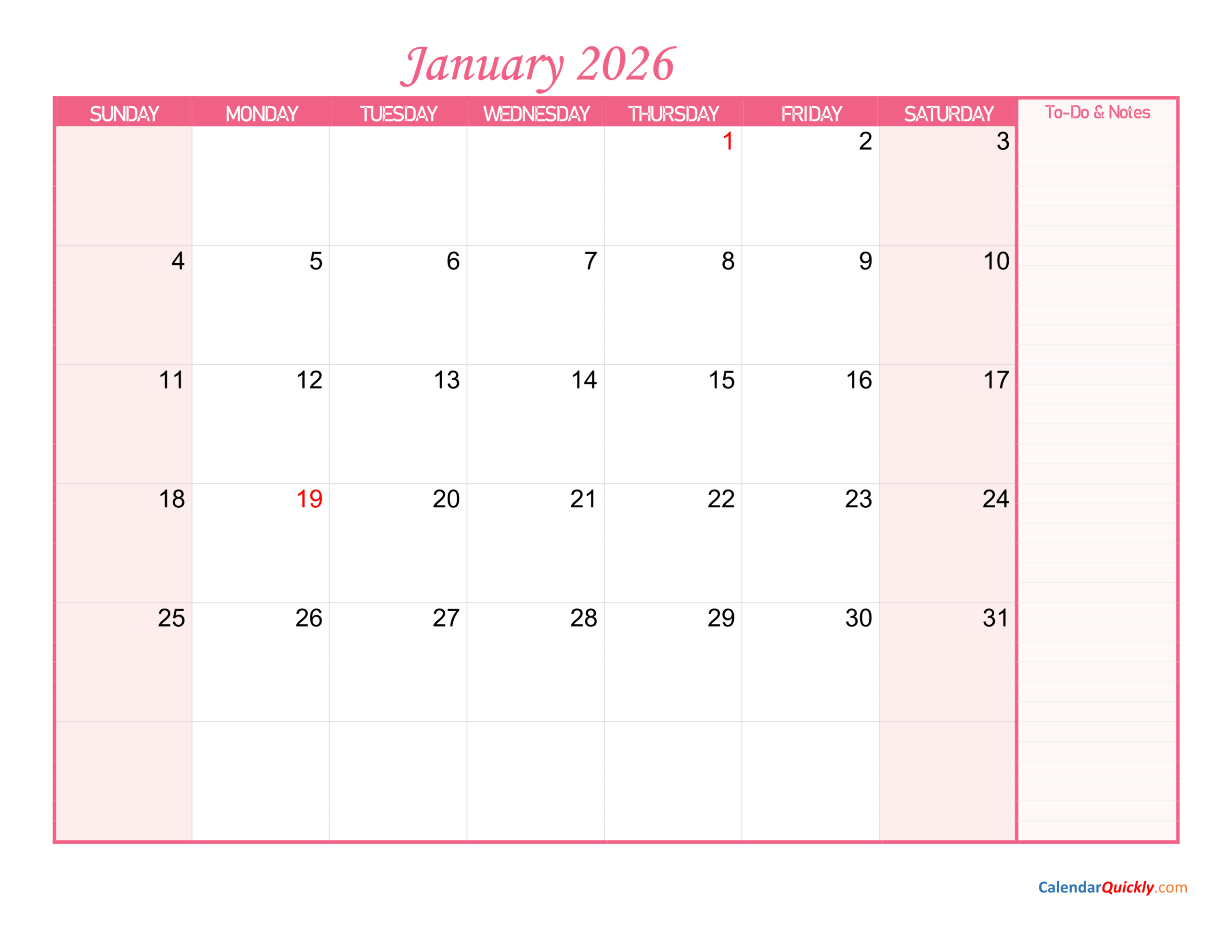 January Calendar 2026 With Notes | Calendar Quickly in January 2026 Calendar Printable Pink