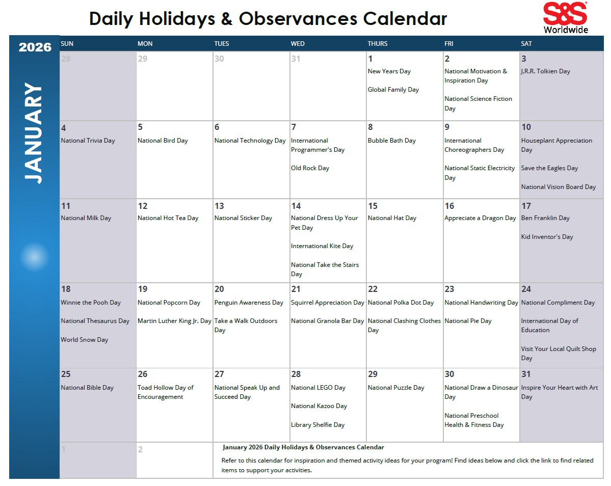 January Daily Holidays &amp;amp; Observances Printable Calendar - S&amp;amp;S Blog intended for January 2026 Daily Calendar Printable
