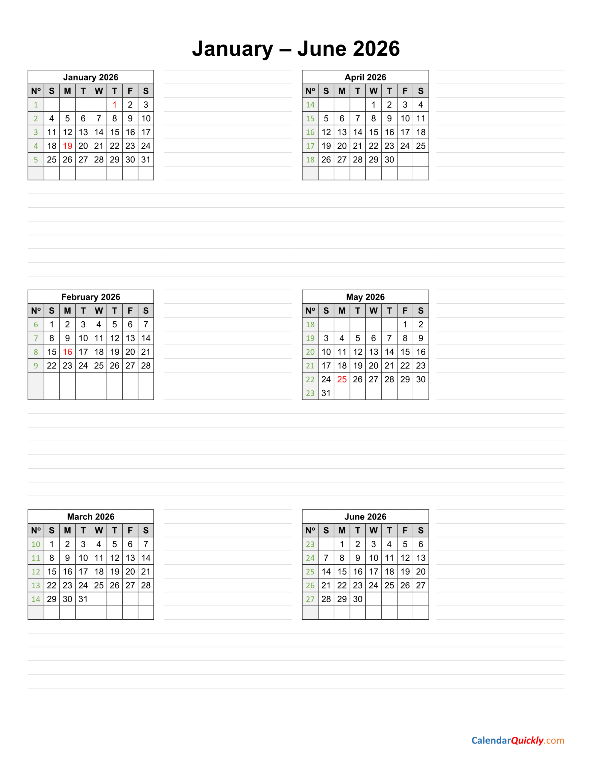 January To June 2026 Calendar Vertical | Calendar Quickly inside January To June 2026 Calendar Printable
