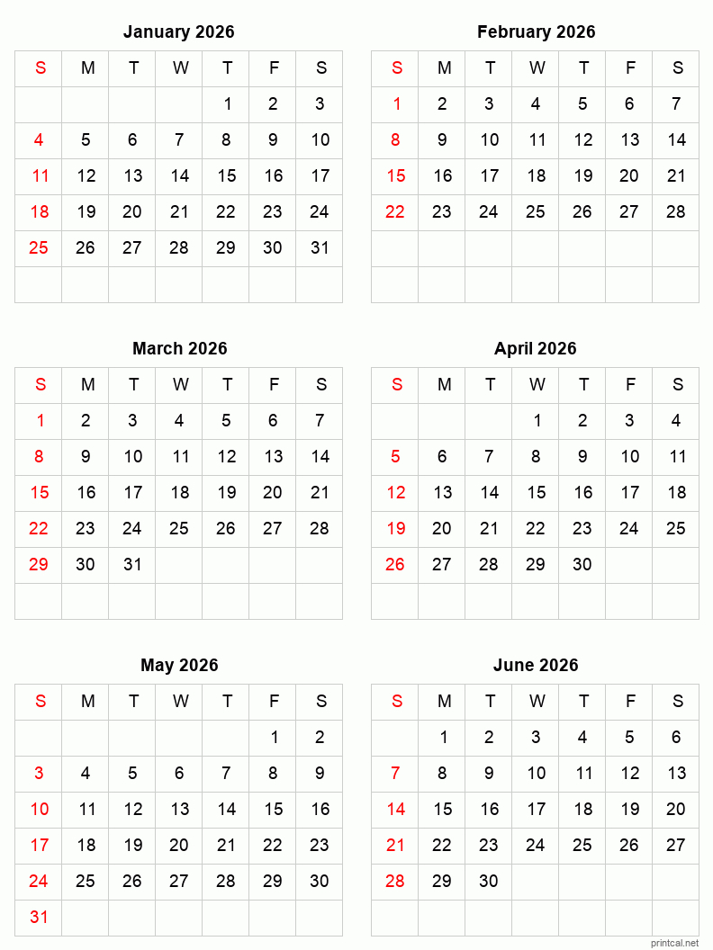 January To June 2026 Printable Calendar | Six Months Per Page with January to June 2026 Calendar Printable