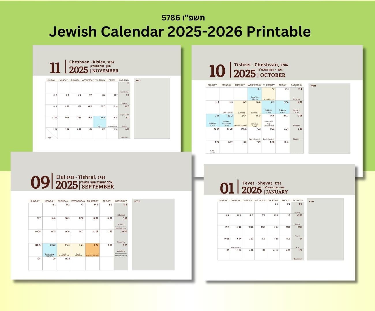 Jewish Calendar 2025-2026 Printable, Editable Canva Template regarding Jewish Holiday Calendar 2026 Printable