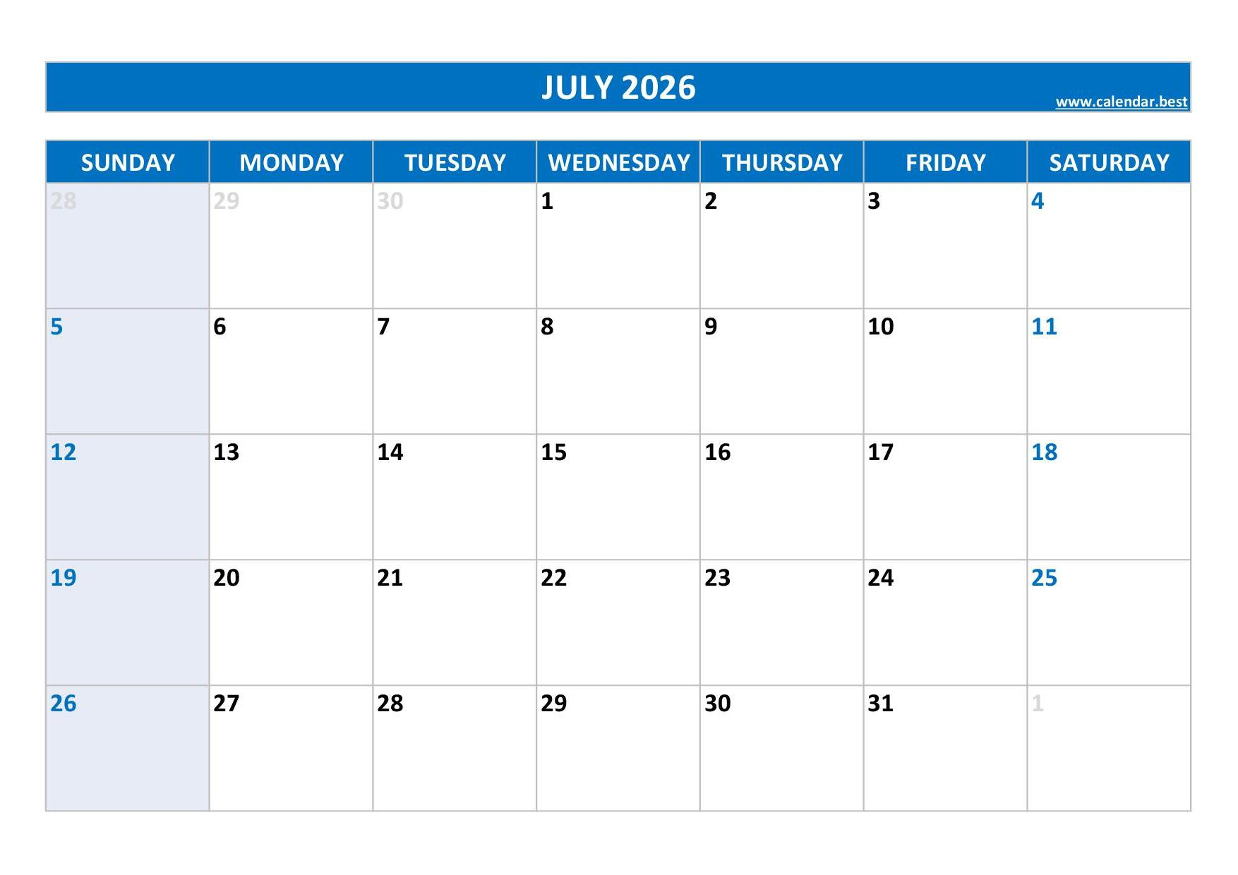 July 2026 Calendar -Calendar.best throughout July 2026 Calendar Printable