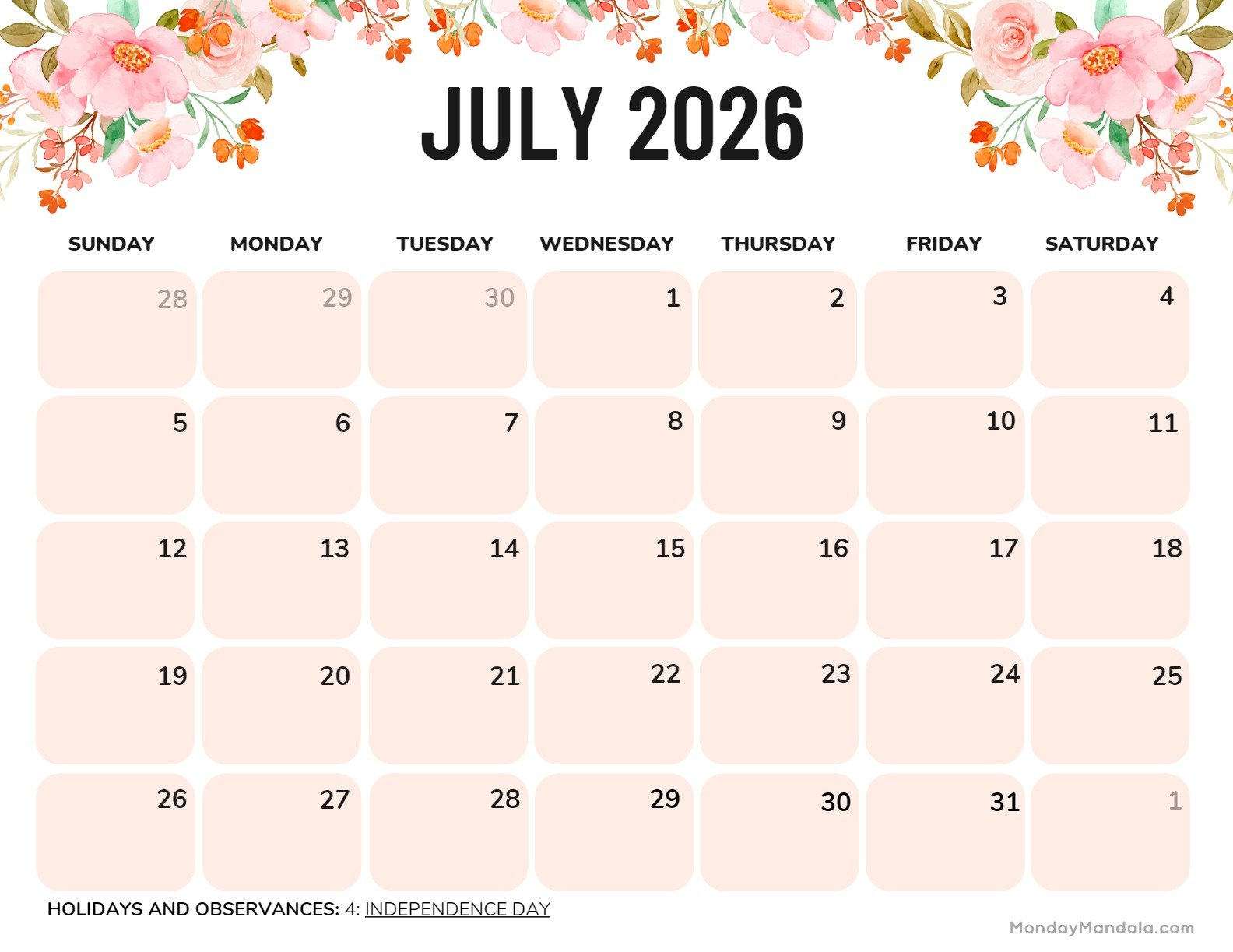 July 2026 Calendars (52 Free Pdf Printables) throughout 2026 Calendar Printable July