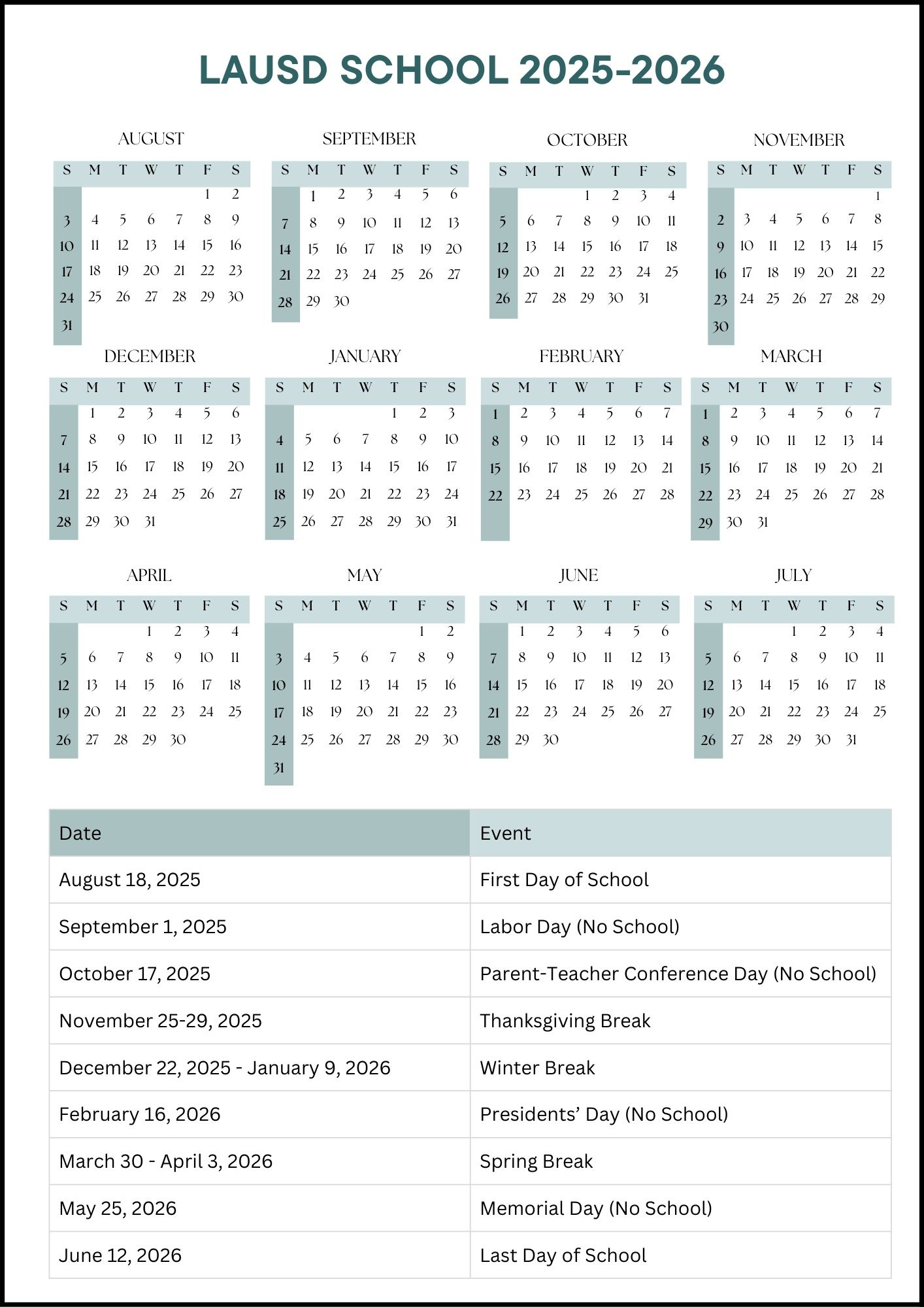 Lausd School Calendar 2025-2026 (Dates) regarding Lausd 2025 To 2026 Calendar Printable