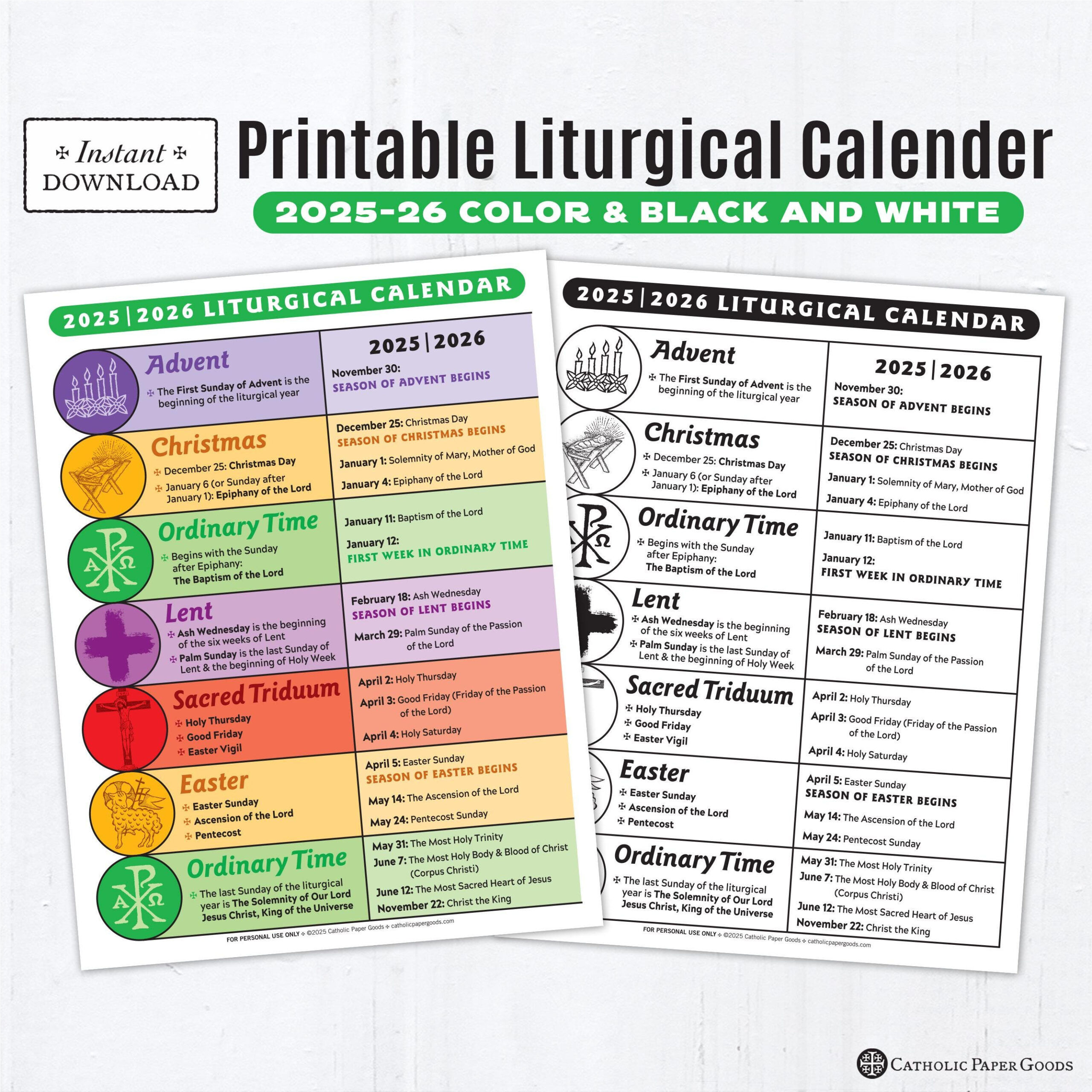 Liturgical Calendar Pdf - Etsy intended for Catholic Liturgical Calendar 2026 - 2027