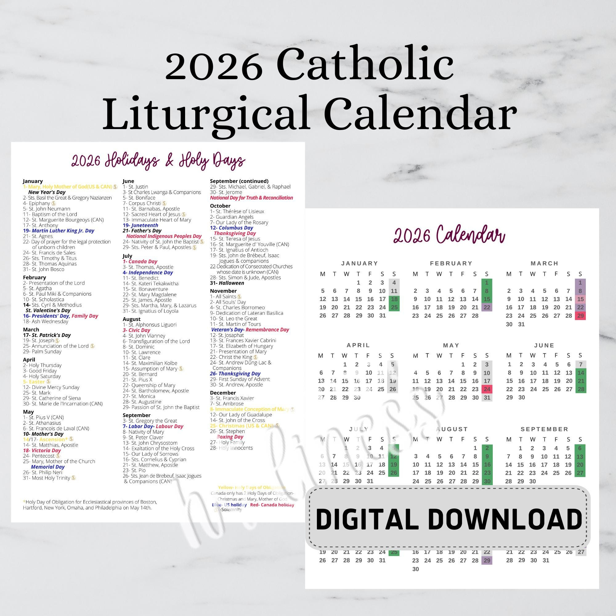 Liturgical Feast Days Calendar Printable - Etsy pertaining to Nyc Catholic School Calendar 2026 To 2027