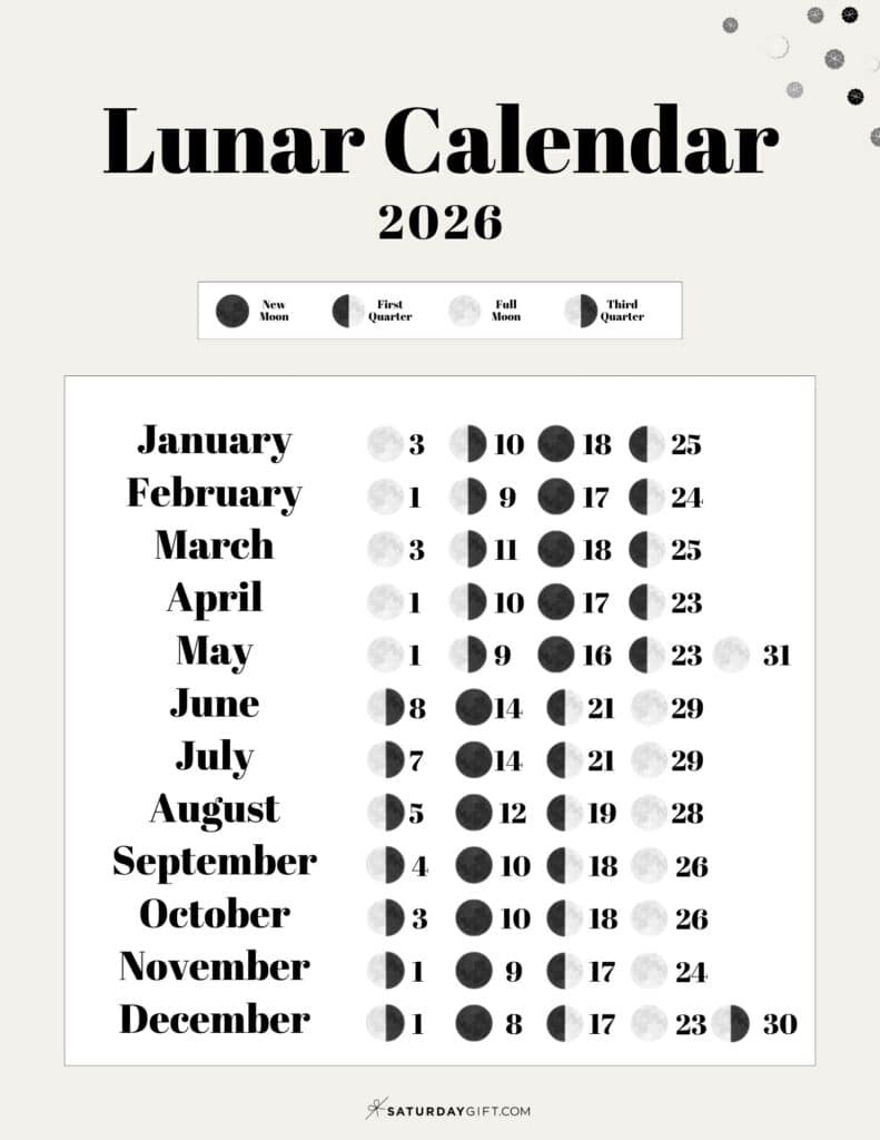 Lunar Calendar 2026 - 12 Moon Phase Calendar Printables for Moon Phase Calendar 2026 USA