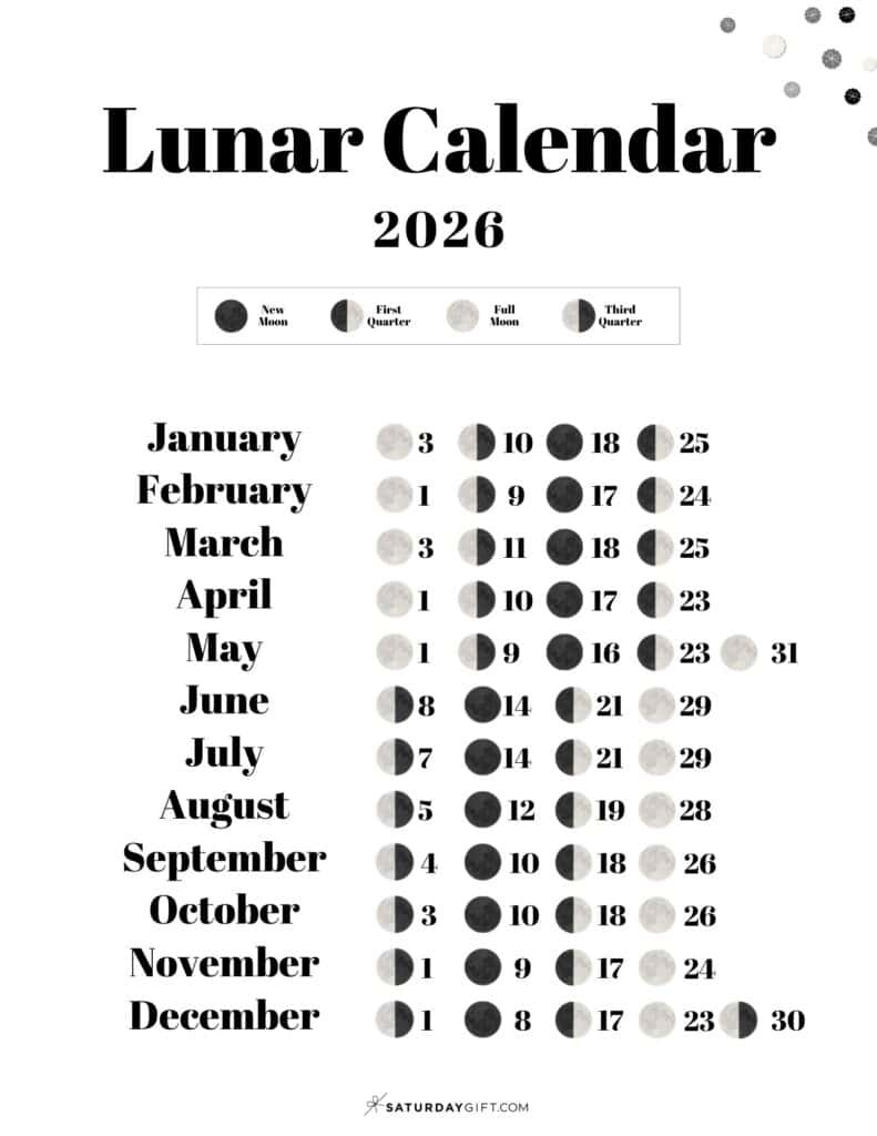 Lunar Calendar 2026 - 12 Moon Phase Calendar Printables throughout Moon Phase Calendar 2026 Printable