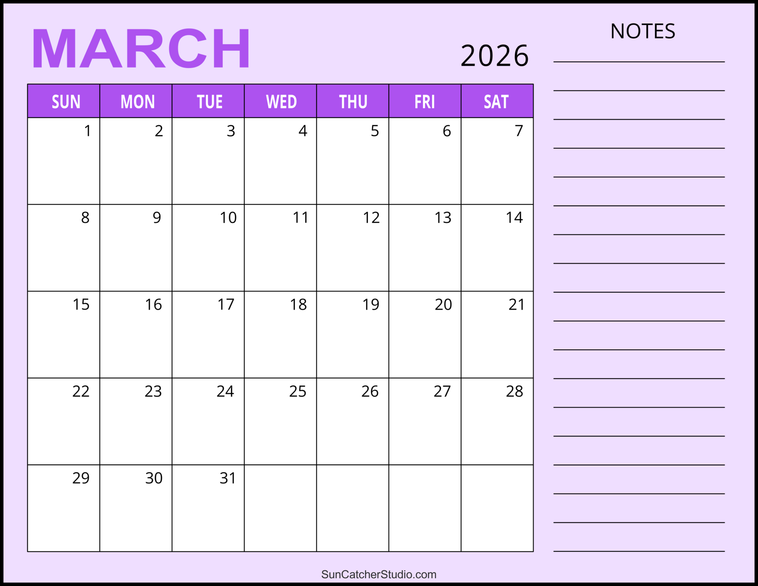 March 2026 Calendar (Free Printable) – Free Printables, Lettering intended for Printable 2026 Calendar With Lines