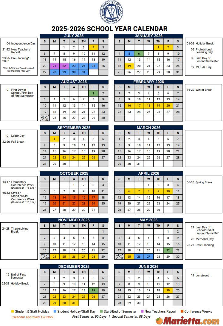 Marietta City School Calendar 2025-2026 | Marietta for Absence Calendar 2026 For Schools