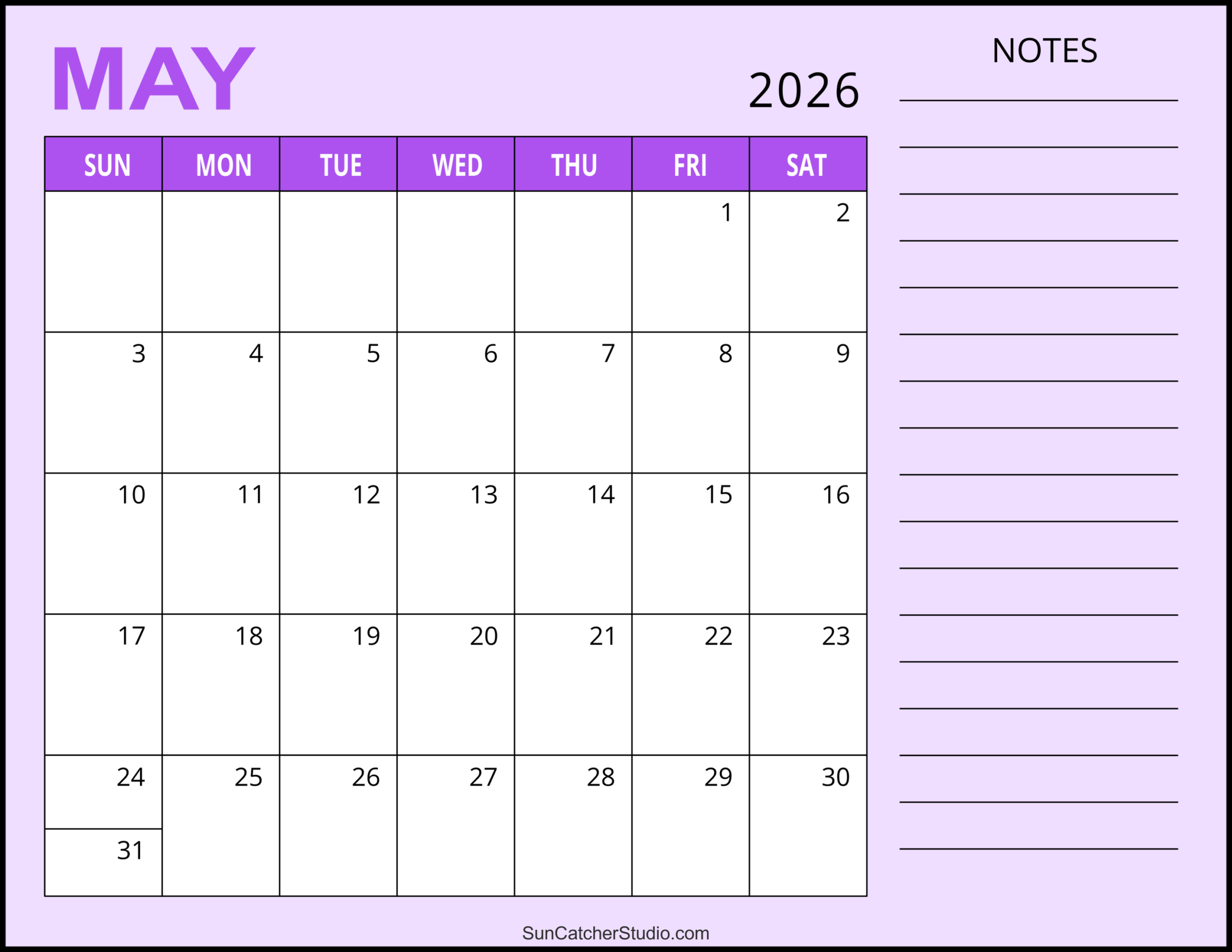 May 2026 Calendar (Free Printable) – Free Printables, Lettering pertaining to 2026 Calendar Printable With Notes