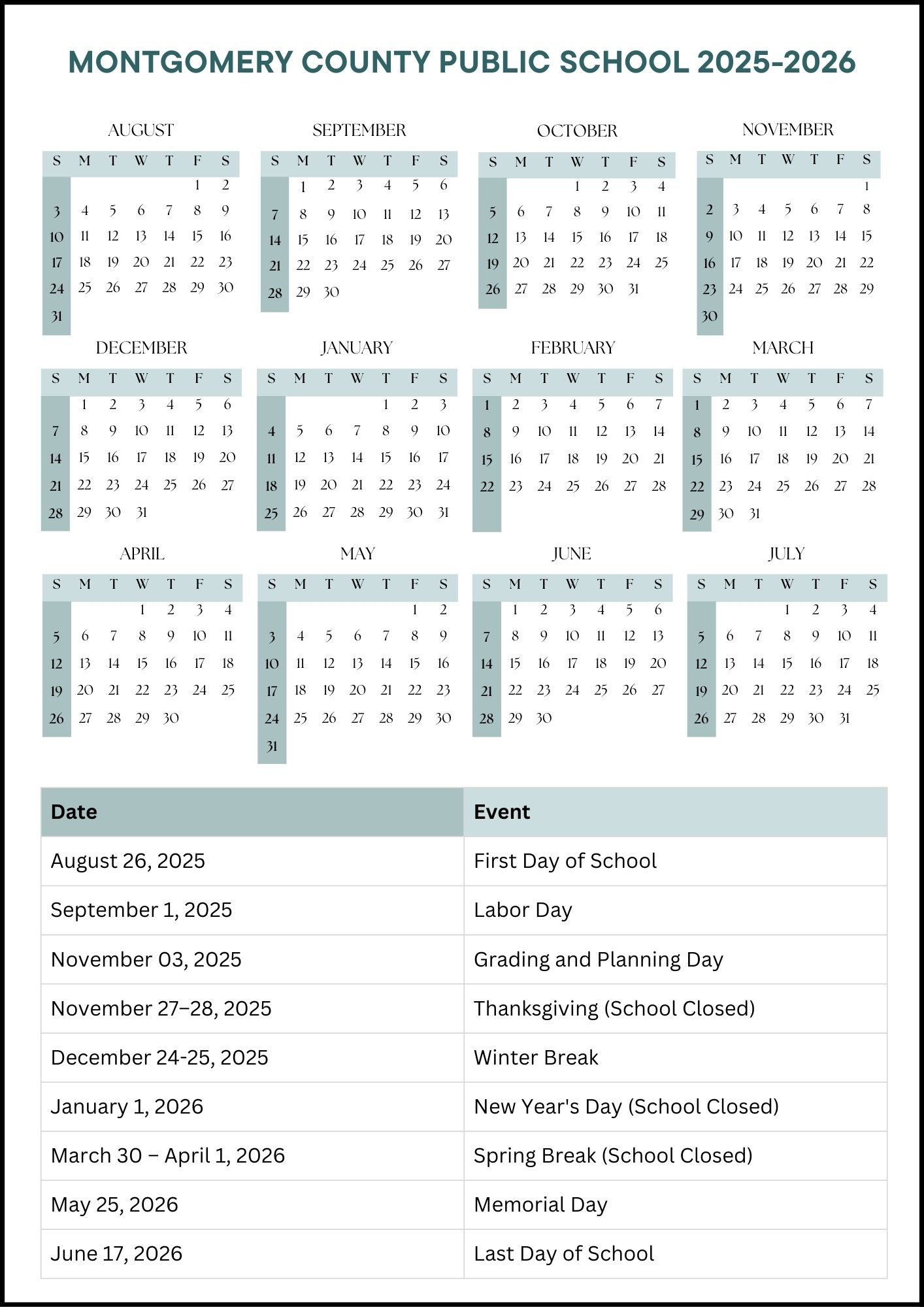 Montgomery County Public School Calendar 2025-2026 (Dates) in Mcps 2025 2026 Calendar Printable