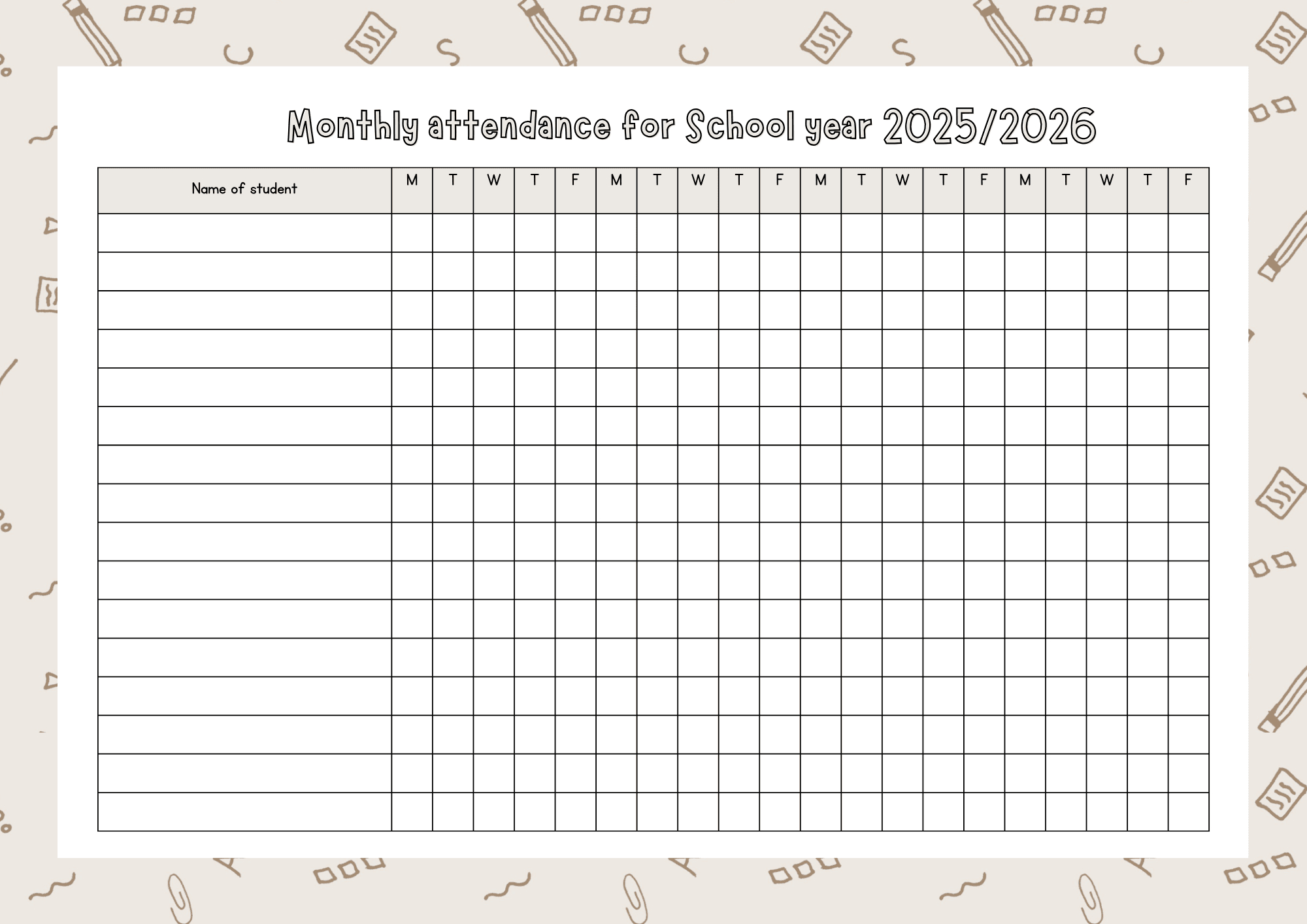 Monthly Attendance List For School Year 2025/2026 inside 2026 Attendance Sheets