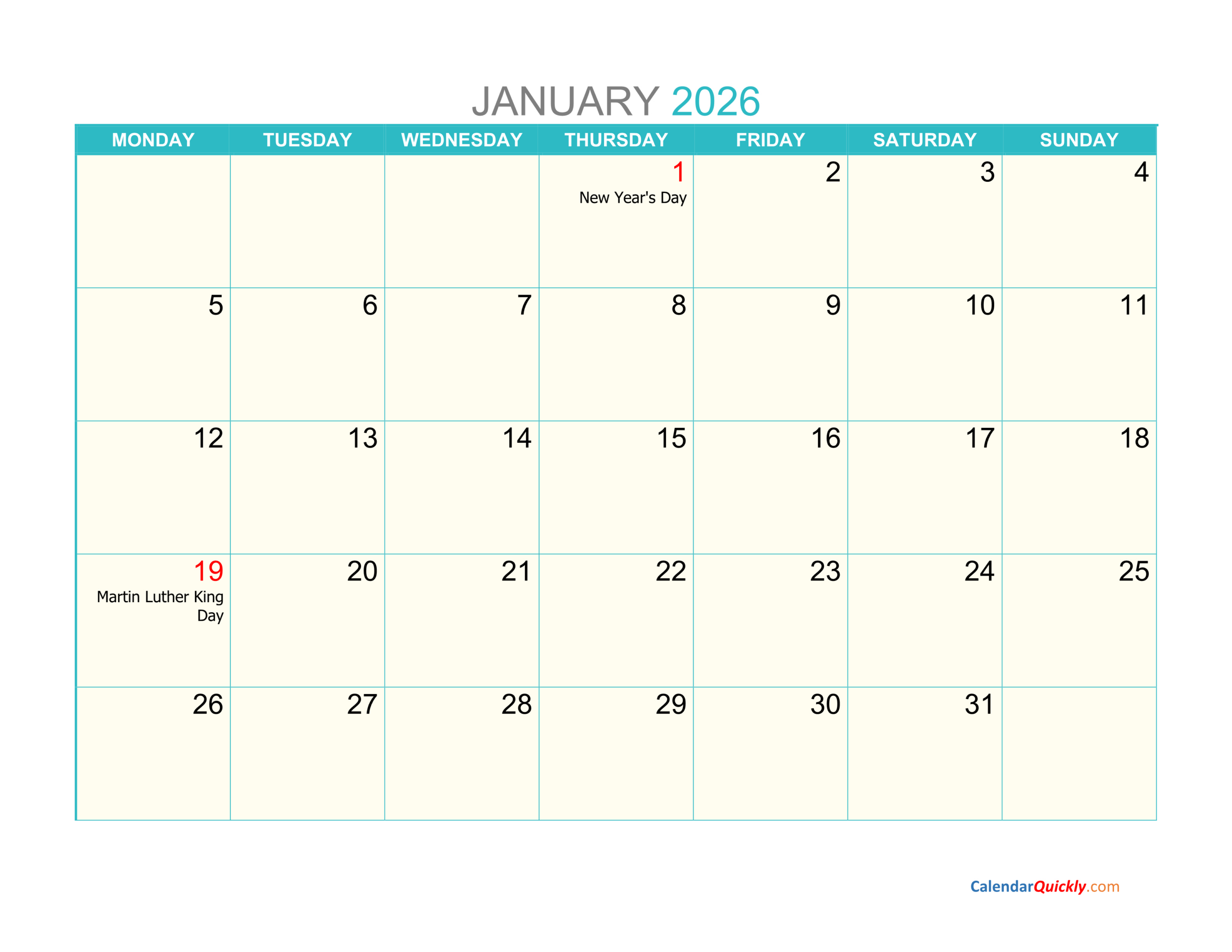 Monthly Monday 2026 Calendar Printable | Calendar Quickly with regard to 2026 Calendar Printable Monday to Sunday