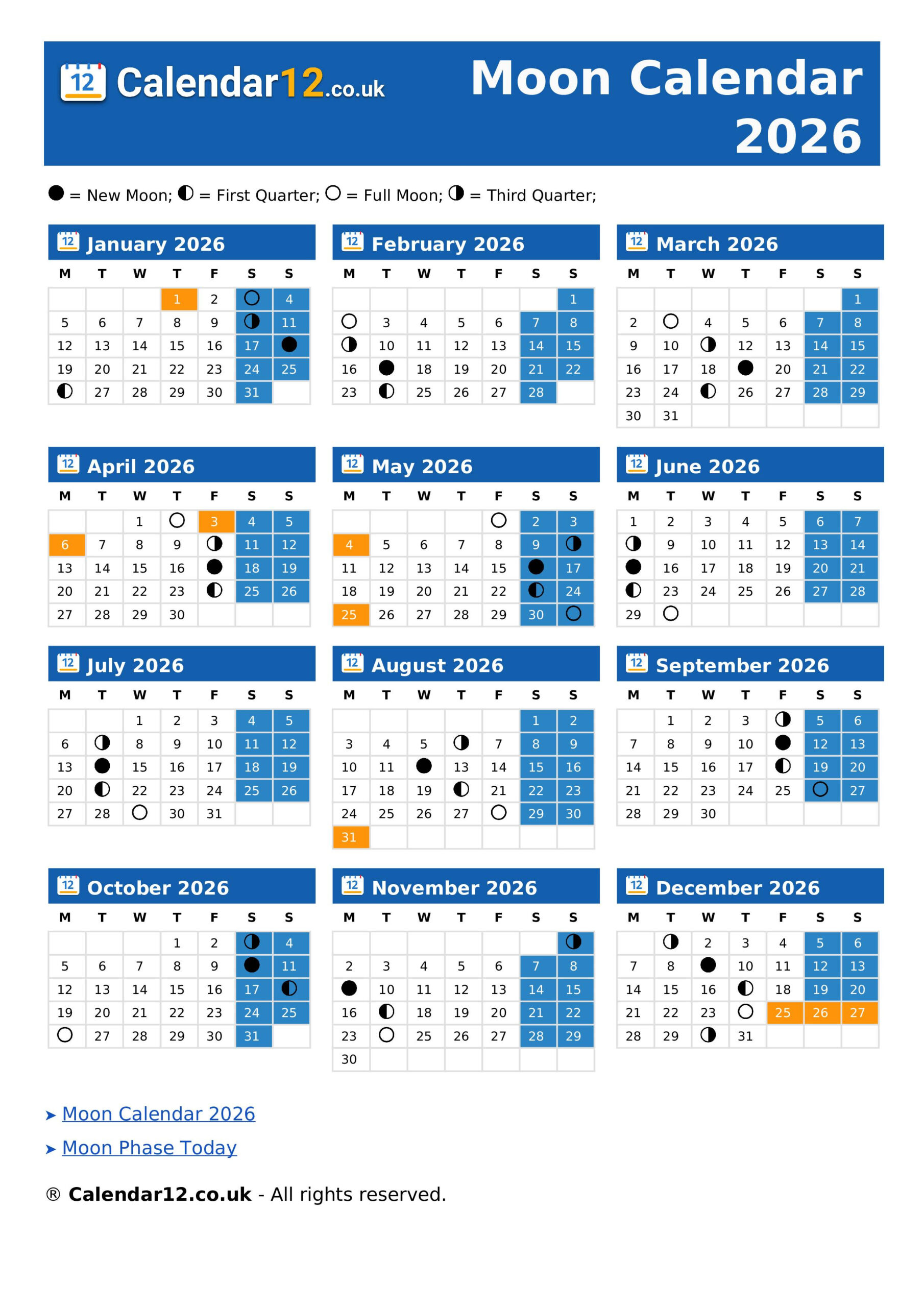 Moon Calendar January 2026 ⬅️ — Calendar12.Co.uk with regard to Full Moon Calendar January 2026