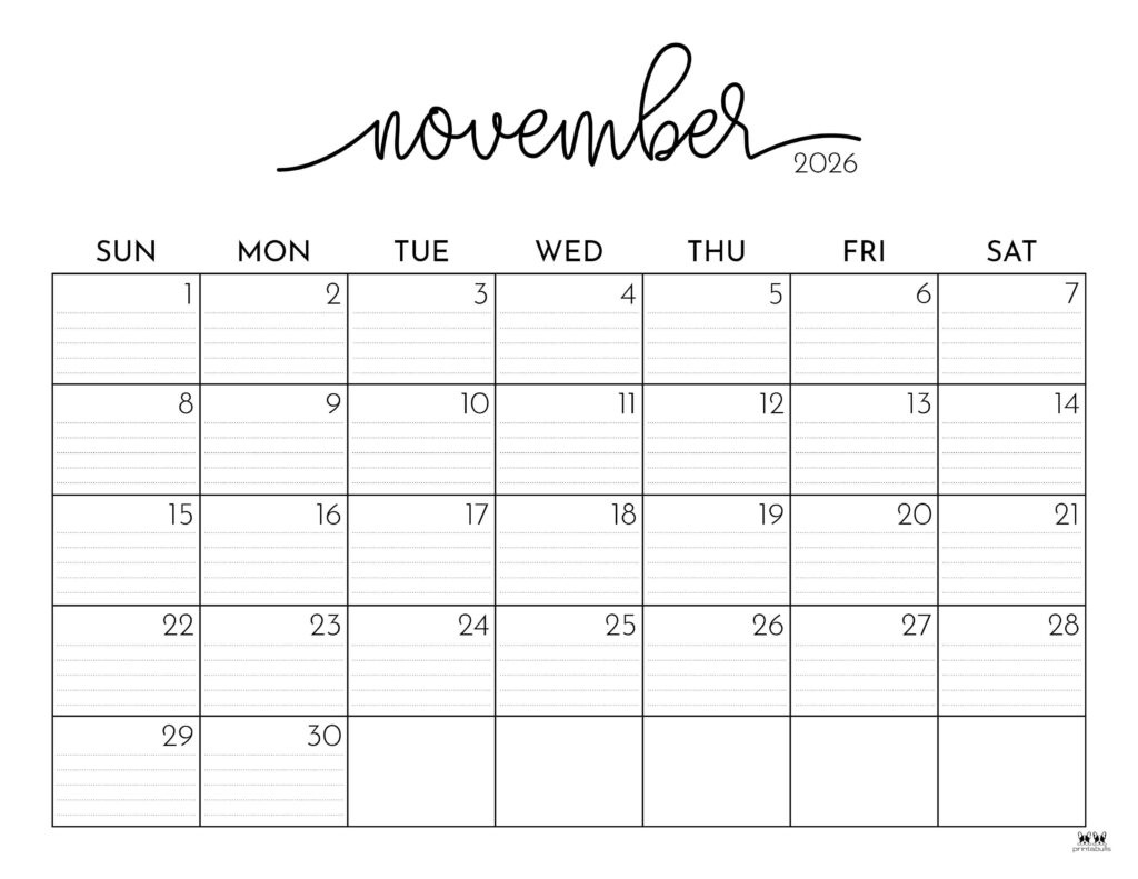 November 2026 Calendars - 123 Free Printables | Printabulls within November 2026 Calendar Printable Free
