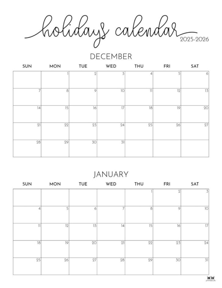 Printable 3 Month Calendar December 2025 – January 2026 February