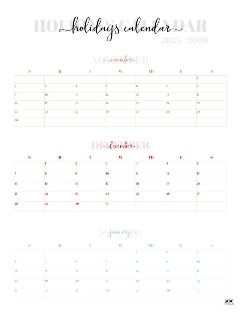 November December 2025 Calendars - 28 Printables | Printabulls with Printable 3 Month Calendar November December 2025 - January 2026