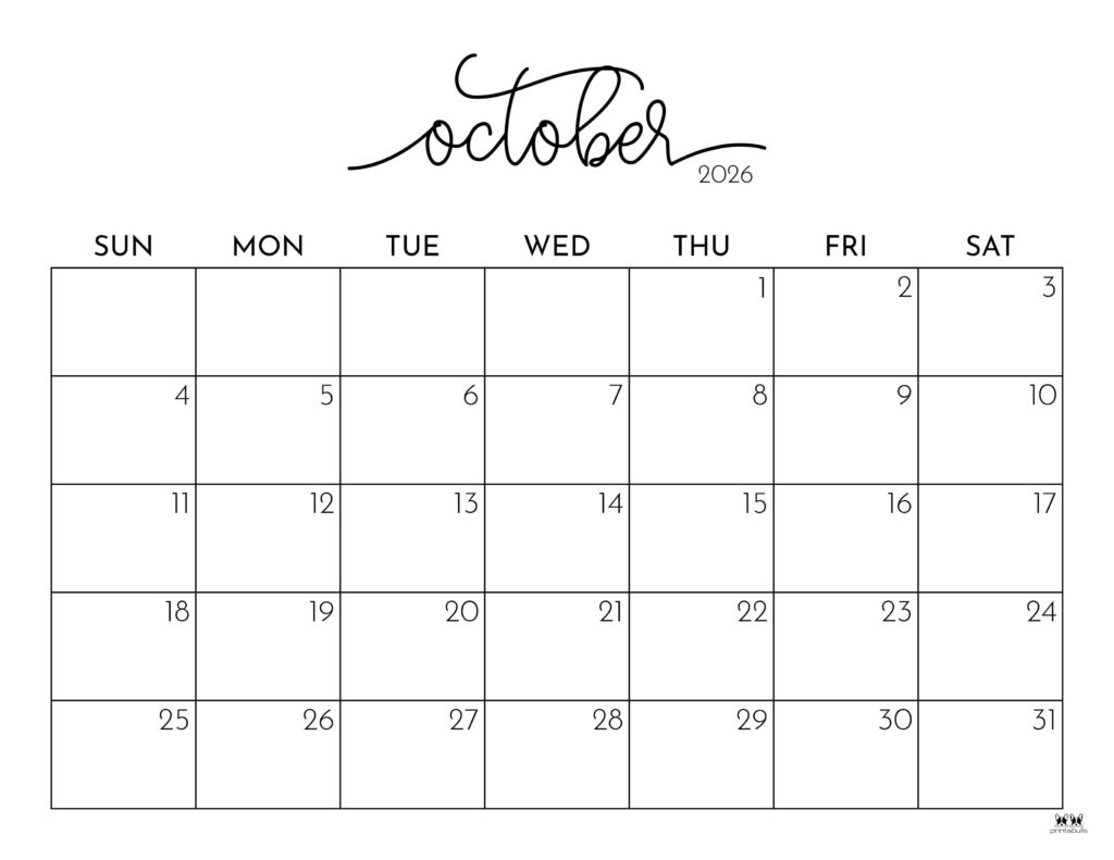 October 2026 Calendars - 123 Free Printables | Printabulls for October 2026 Calendar Printable Free