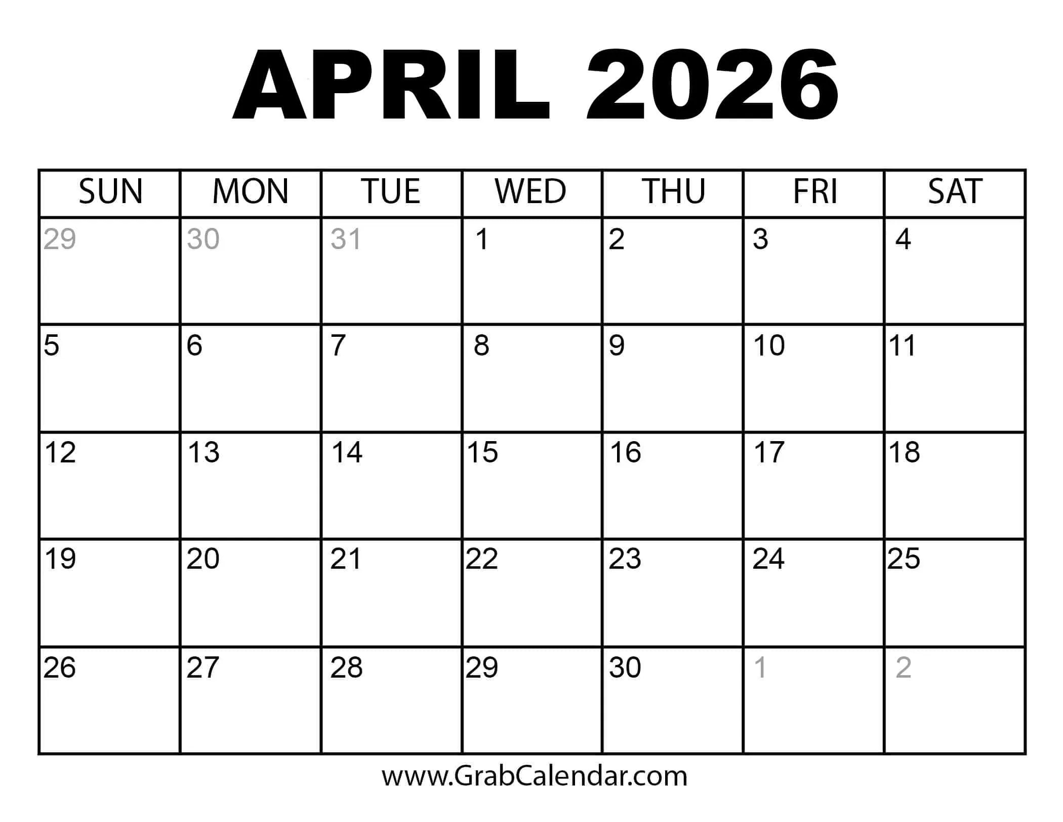 Printable April 2026 Calendar for April 2026 Calendar Printable Free