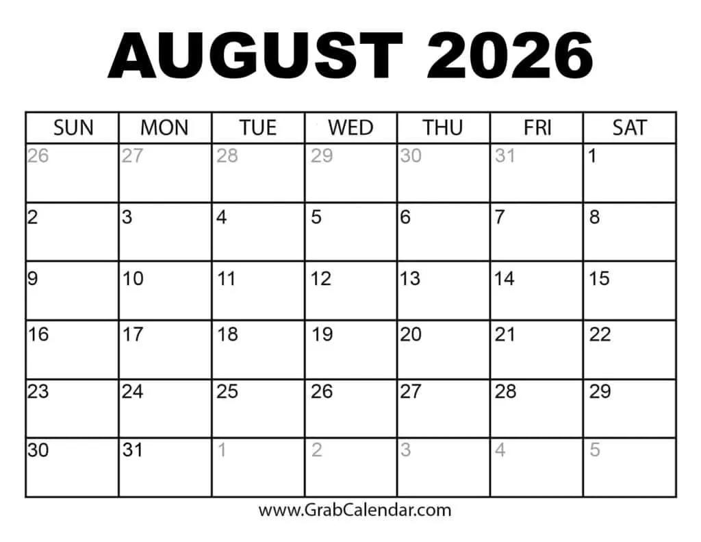 Printable August 2026 Calendar for August 2026 Calendar Printable