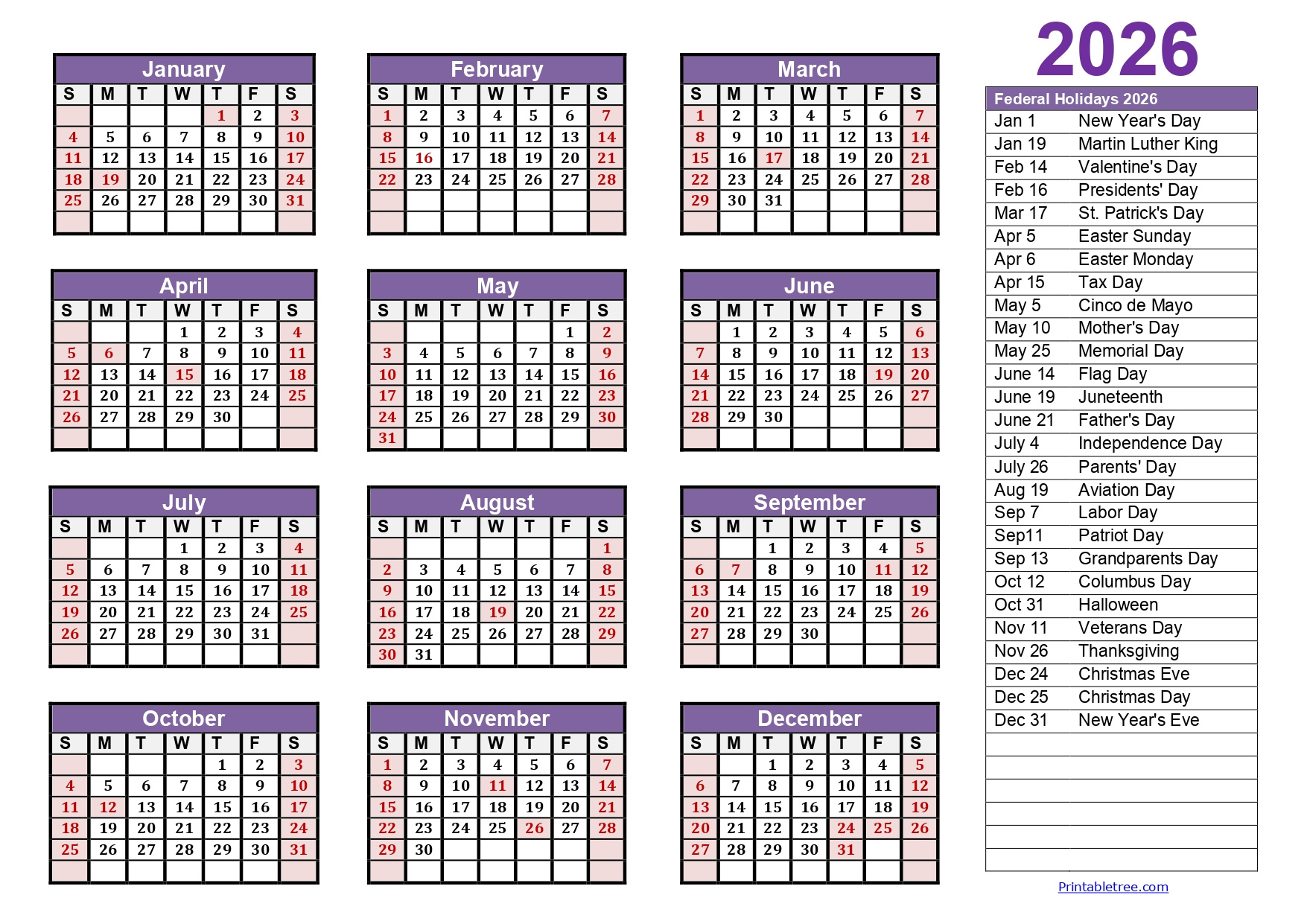 Printable Calendar 2026 One Page With Holidays (Single Page) 2026 for 2026 Calendar Year with Holidays