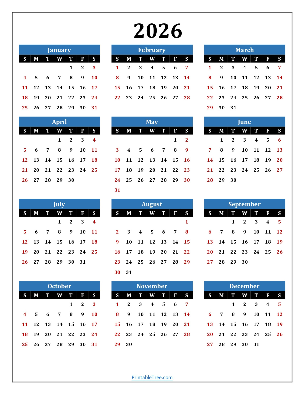 Printable Calendar 2026 One Page With Holidays (Single Page) 2026 inside Calendar 2026 Printable Free Download