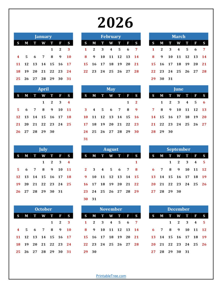 2026 Calendar Printable Yearly