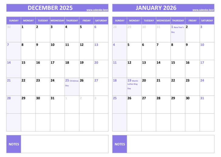 December 2025 January 2026 Calendar with Holidays Printable