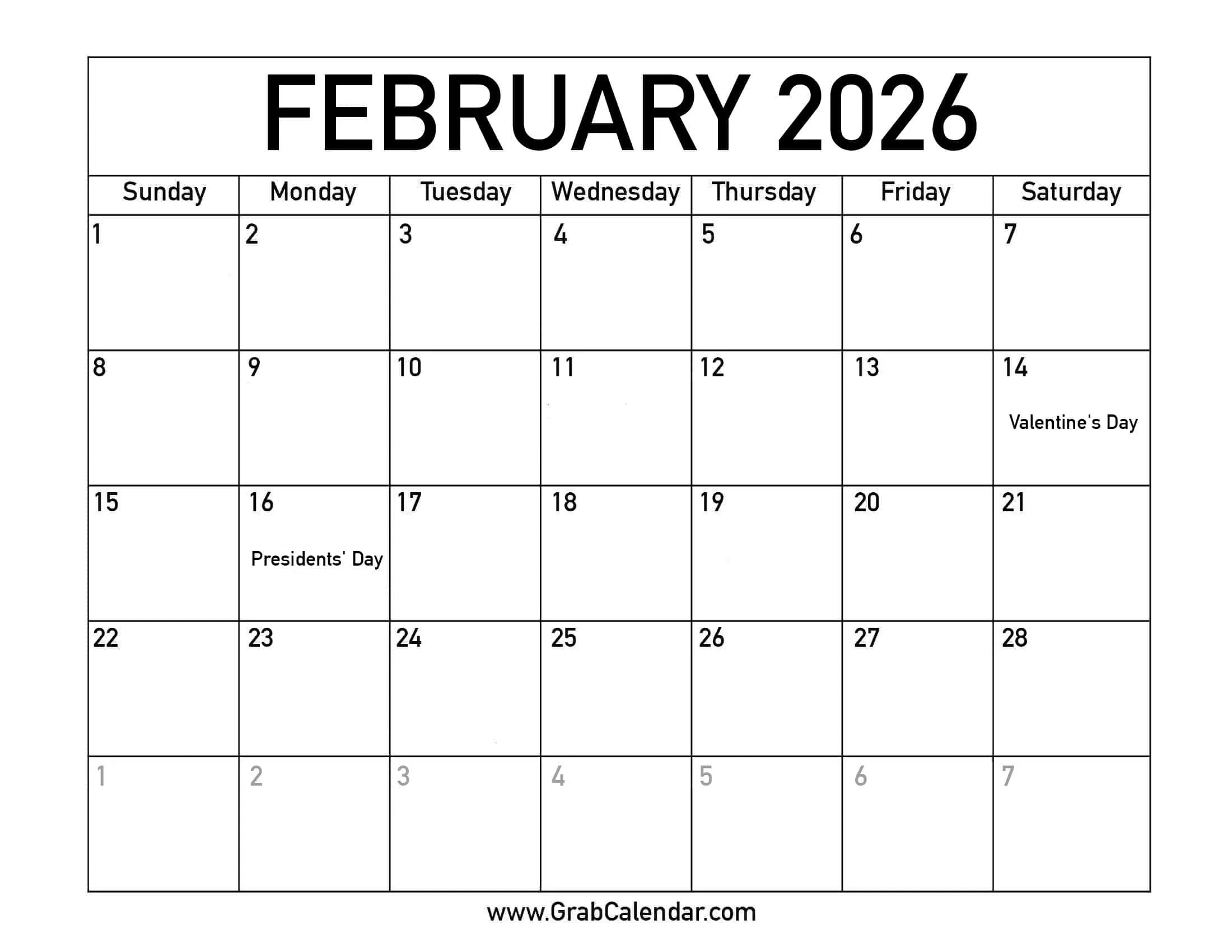 Printable February 2026 Calendar inside February 2026 Calendar Printable with Holidays