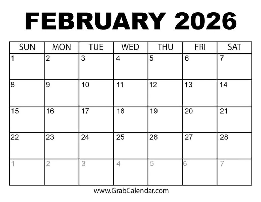 Printable February 2026 Calendar pertaining to February 2026 Calendar Printable Free