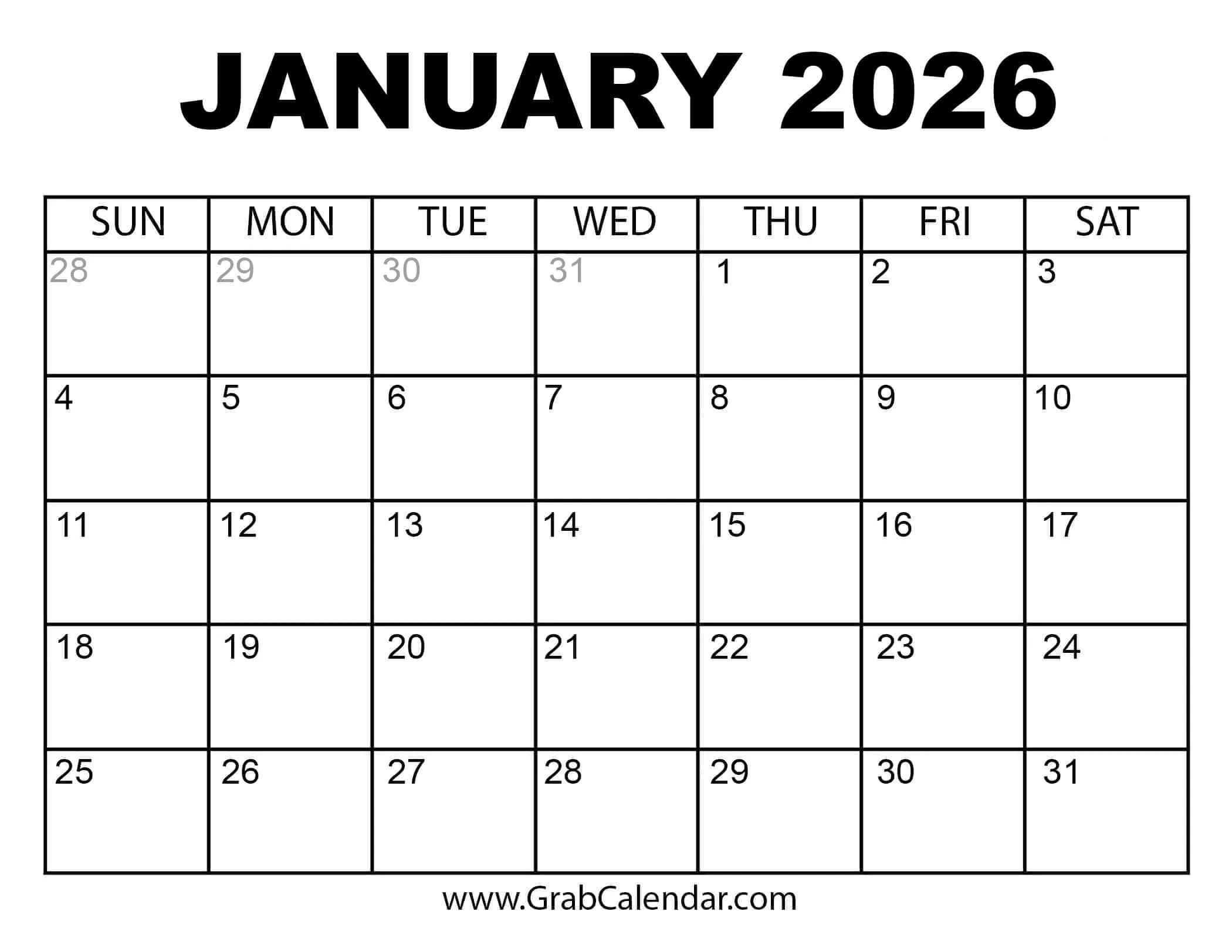 Printable January 2026 Calendar in Printable Calendar January 2026