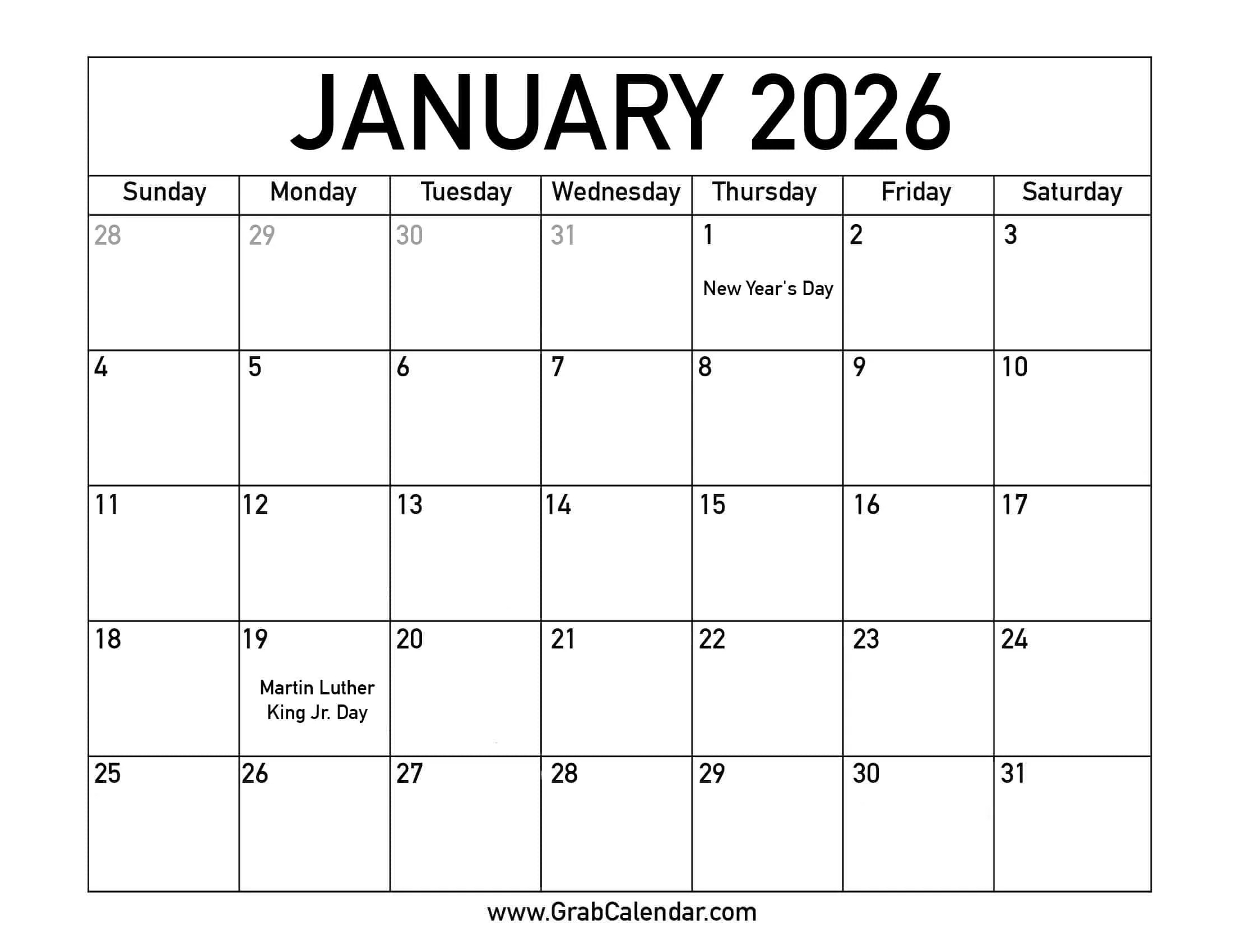 Printable January 2026 Calendar with Free Printable January 2026 Calendar With Holidays