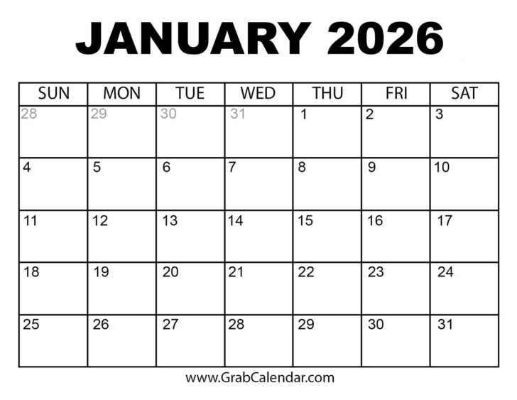 Jan 2026 Calendar Printable Free