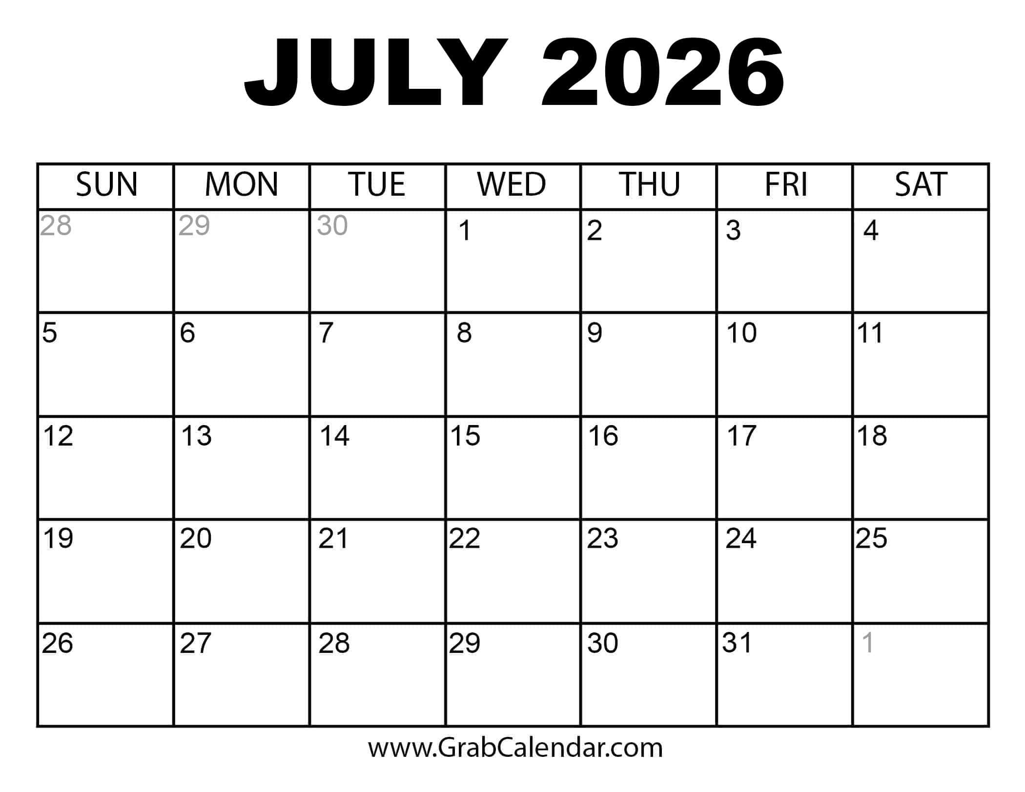 Printable July 2026 Calendar inside 2026 Calendar Printable July