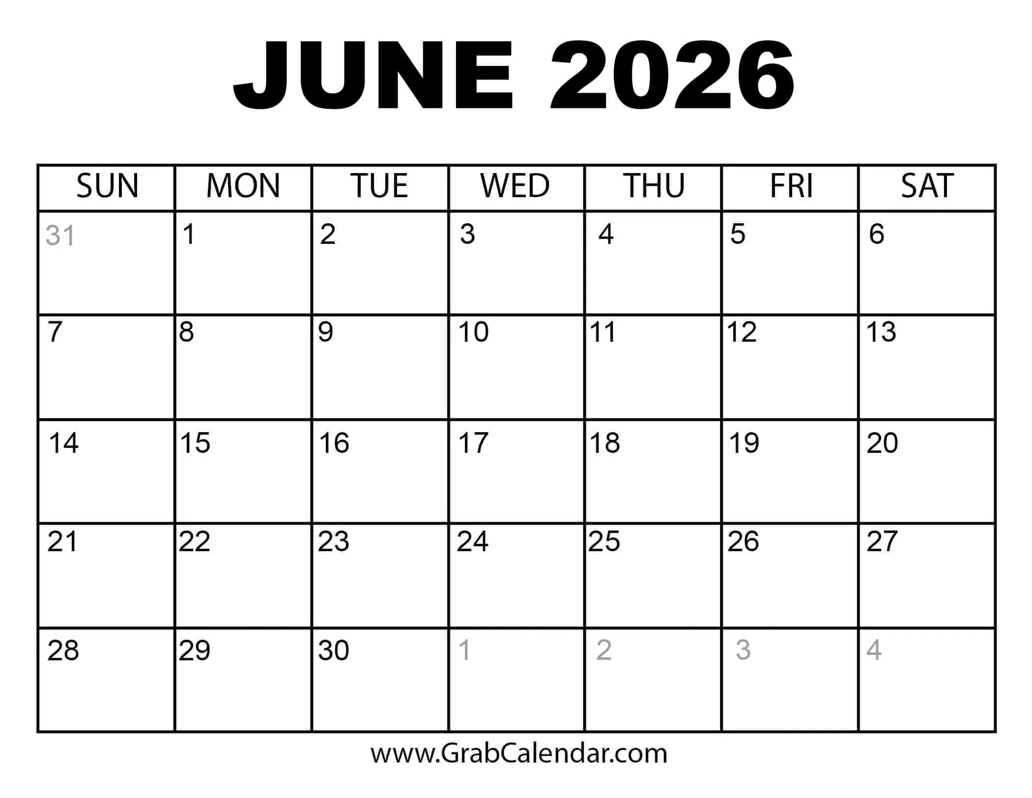 Printable June 2026 Calendar intended for June 2026 Calendar Printable