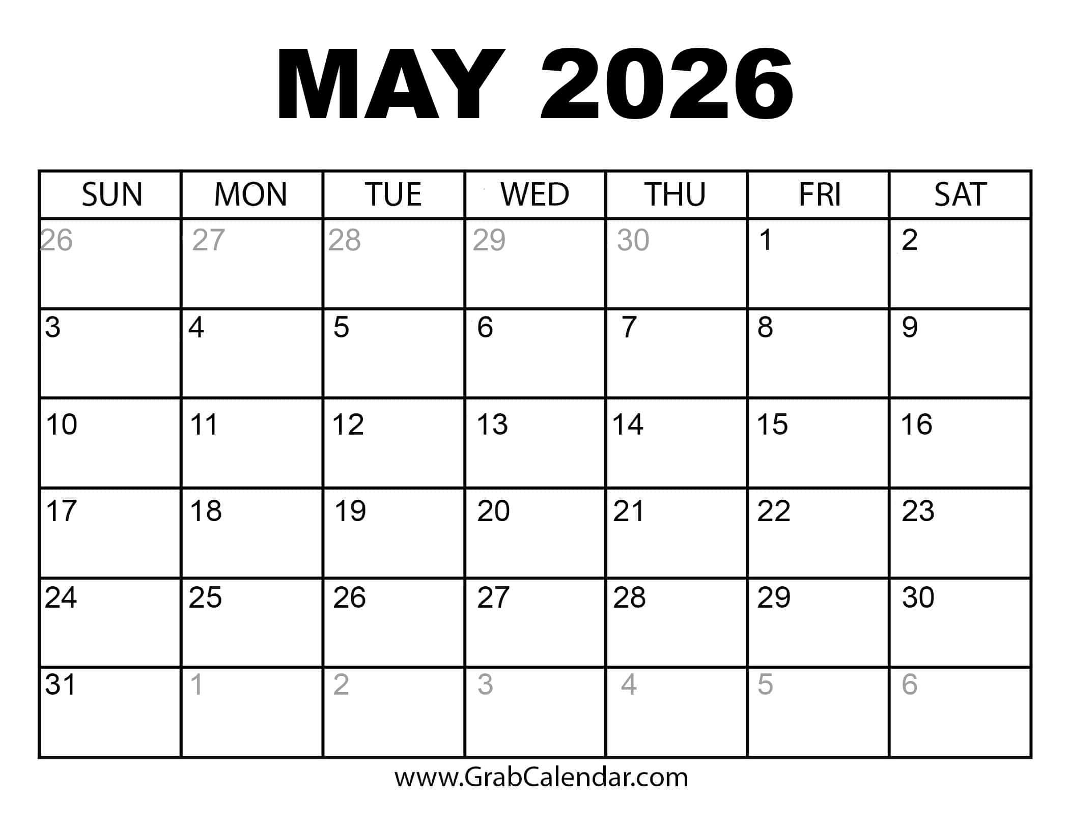 Printable May 2026 Calendar regarding May 2026 Calendar Printable