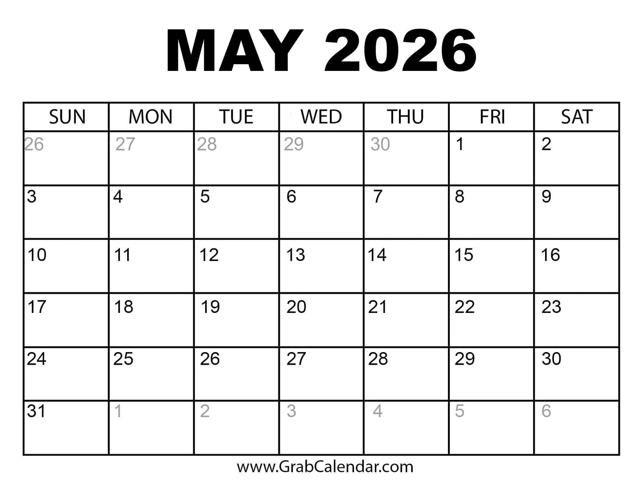 Printable May 2026 Calendar with regard to May Calendar 2026 Printable