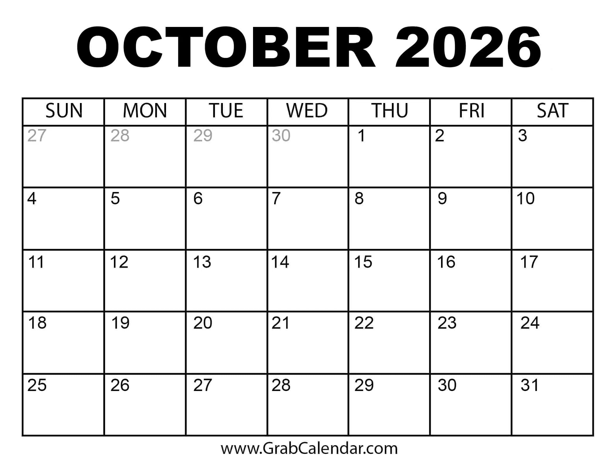 Printable October 2026 Calendar inside October 2026 Calendar Printable Free