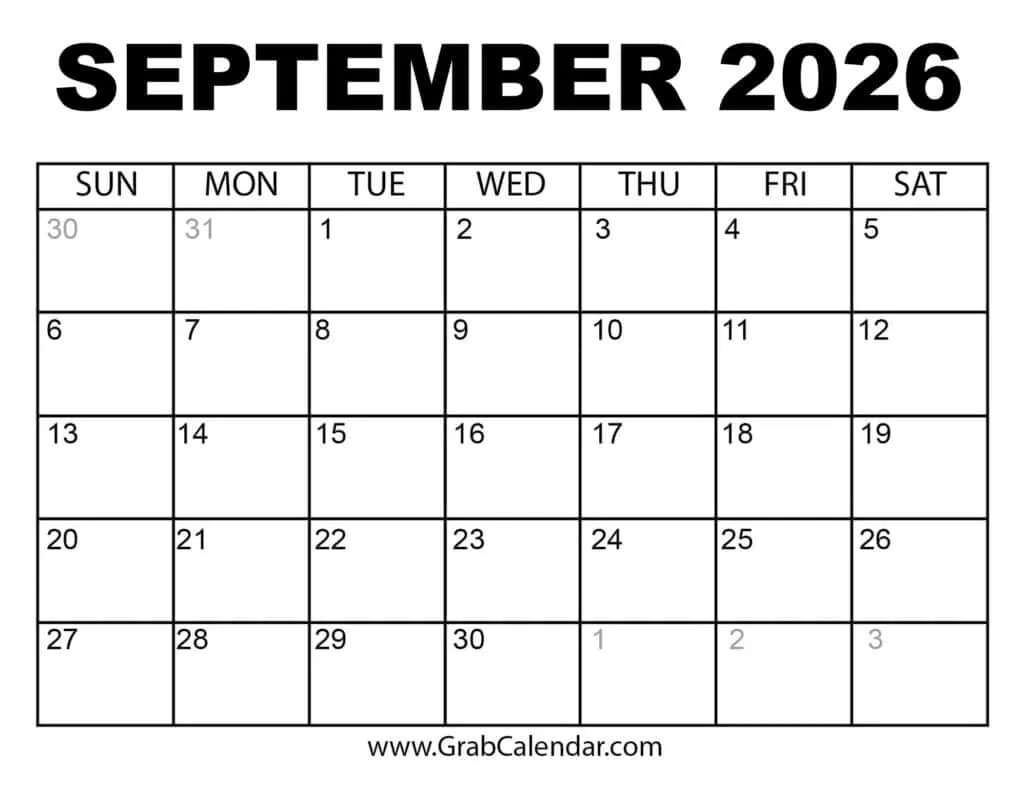 Printable September 2026 Calendar intended for September 2025 June 2026 Calendar Printable