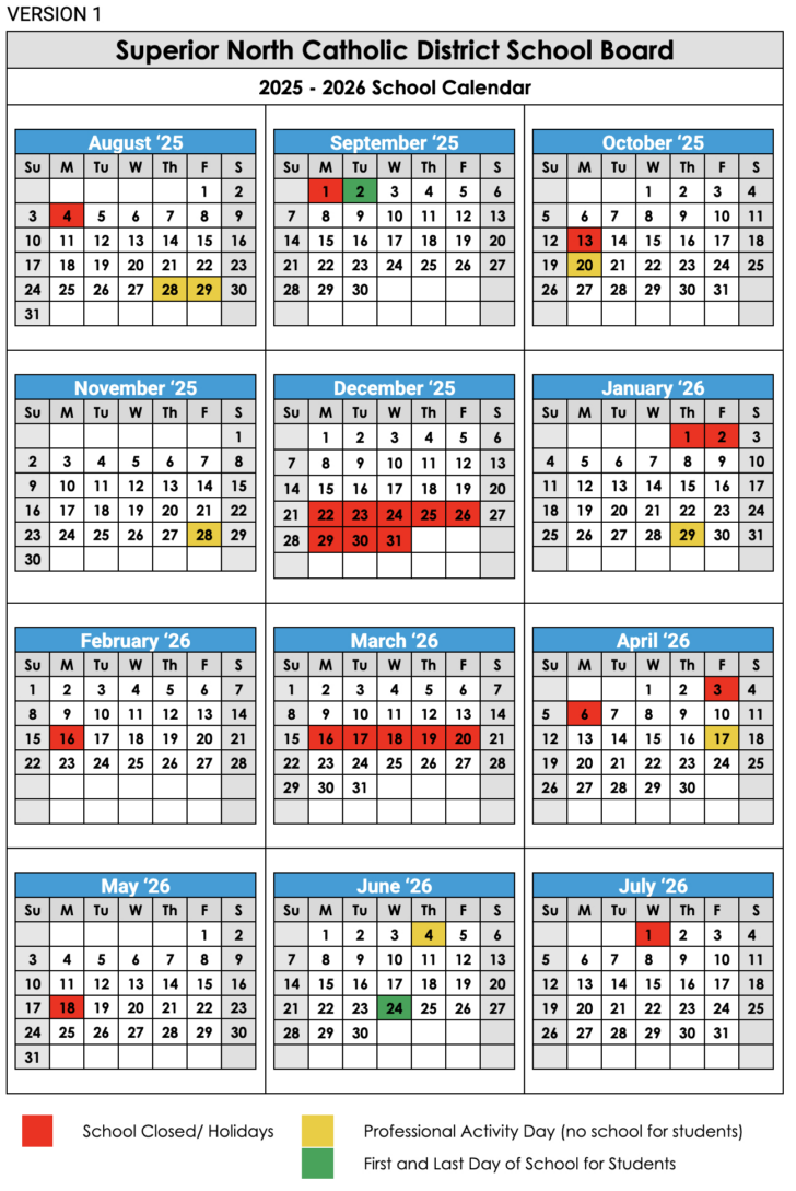 Catholic School Board Calendar 2026