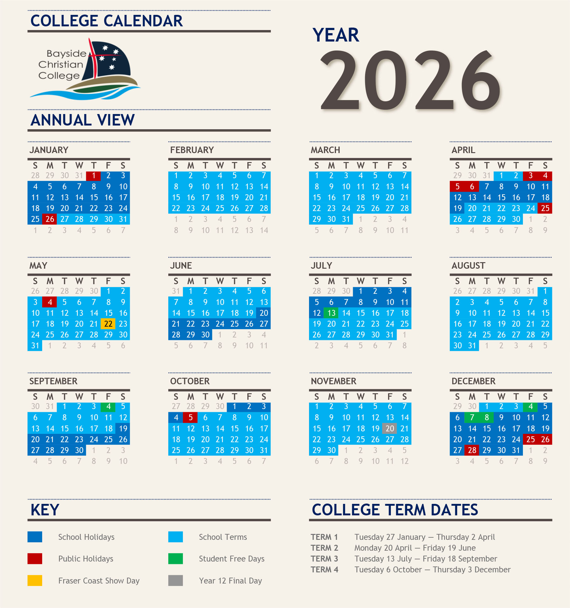 School Calendar | Bayside Christian College Hervey Bay throughout 2026 School Calendar Qld Printable