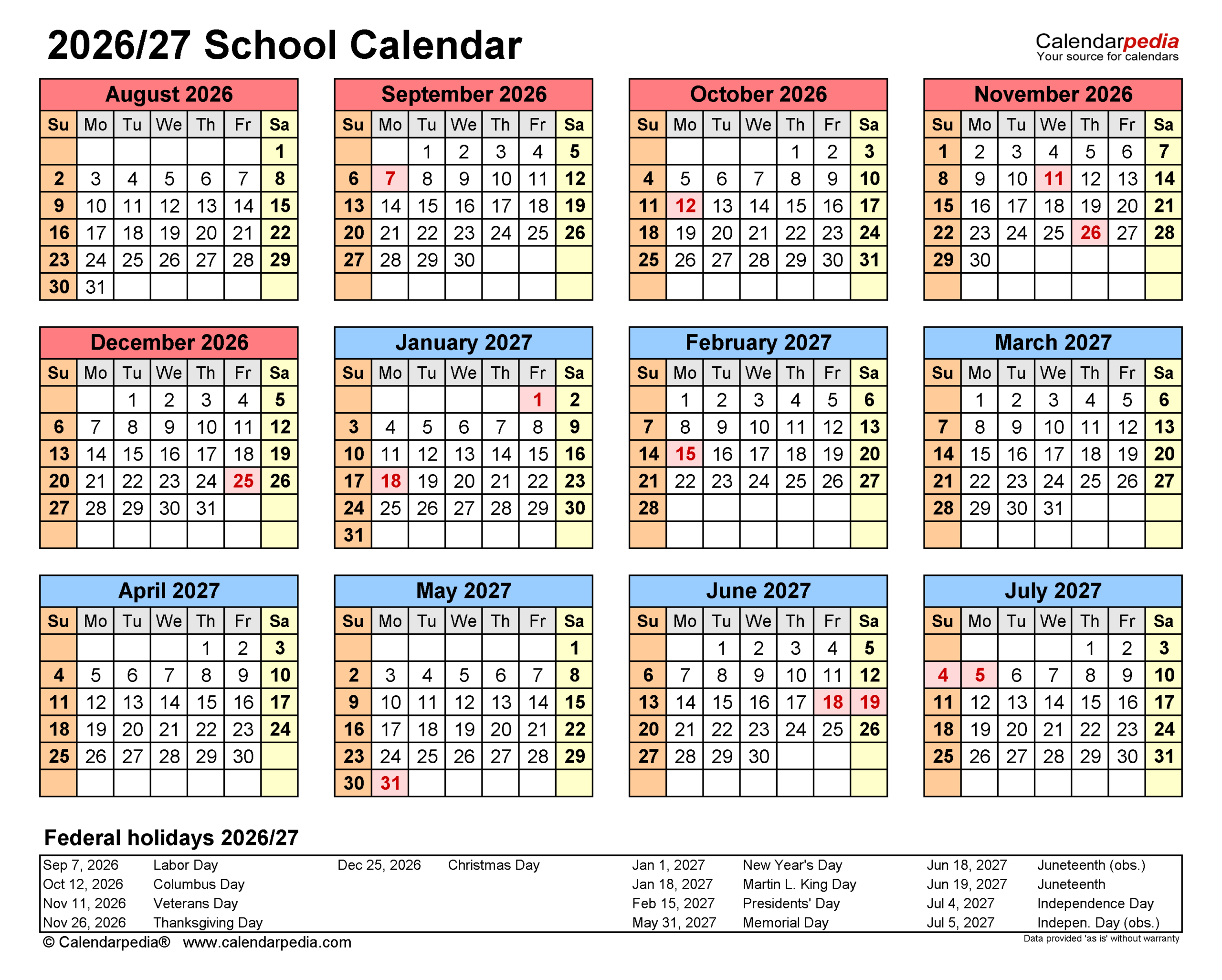 School Calendars 2026/2027 - Free Printable Pdf Templates inside Hhh School Calendar 2026 - 2027